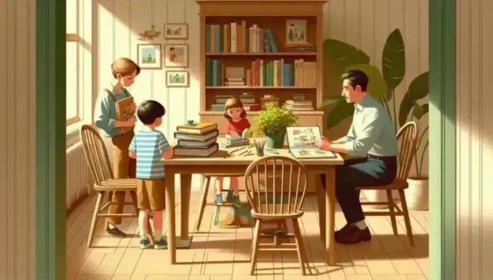 Escena familiar con un adulto y dos niños aprendiendo en una mesa con libros, en un ambiente hogareño iluminado por la luz natural.