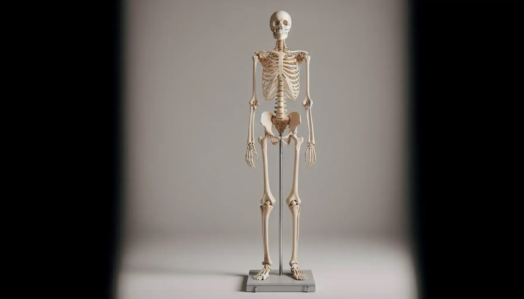 Esqueleto humano completo en posición frontal sobre fondo neutro, con soporte metálico con ruedas, mostrando articulaciones y textura ósea natural.