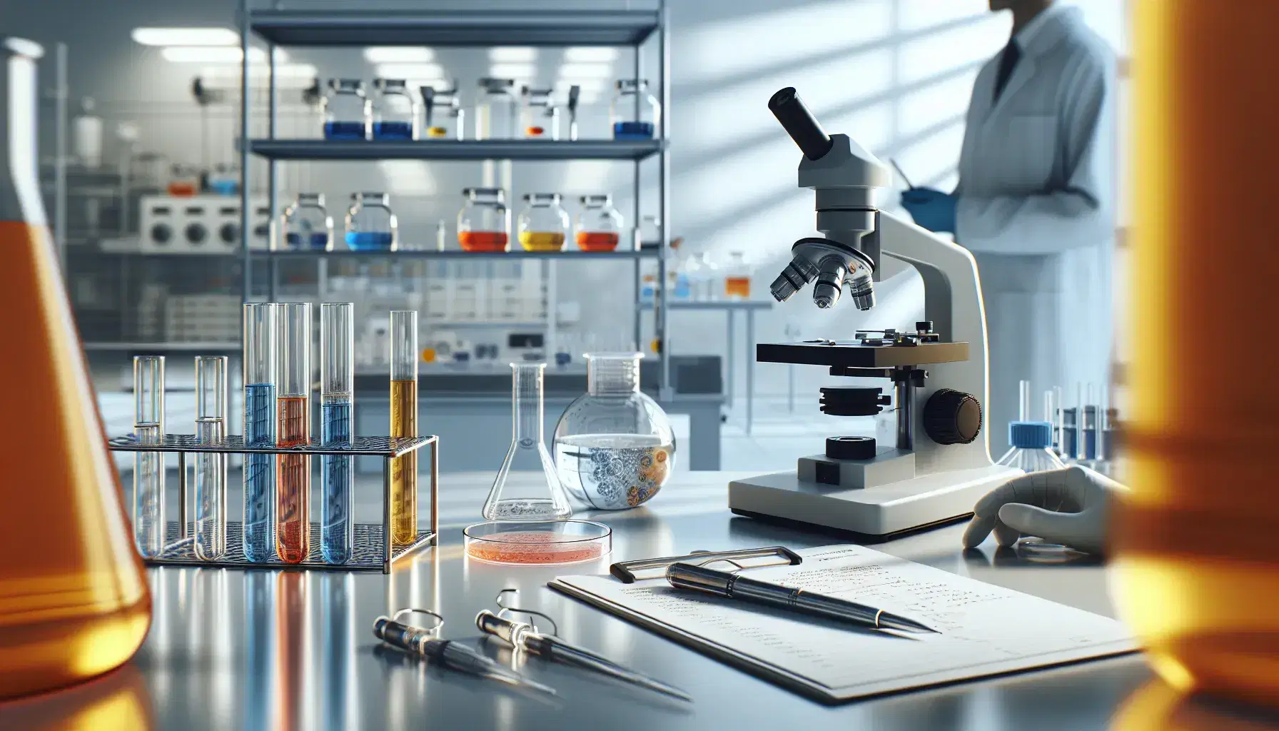 Laboratorio científico con microscopio, tubos de ensayo con líquidos de colores y científico anotando resultados, reflejando profesionalismo y limpieza.