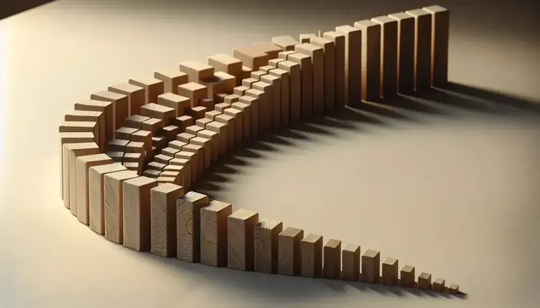Bloques de madera en secuencia ascendente y descendente sobre superficie clara, formando curva simétrica con sombras suaves.