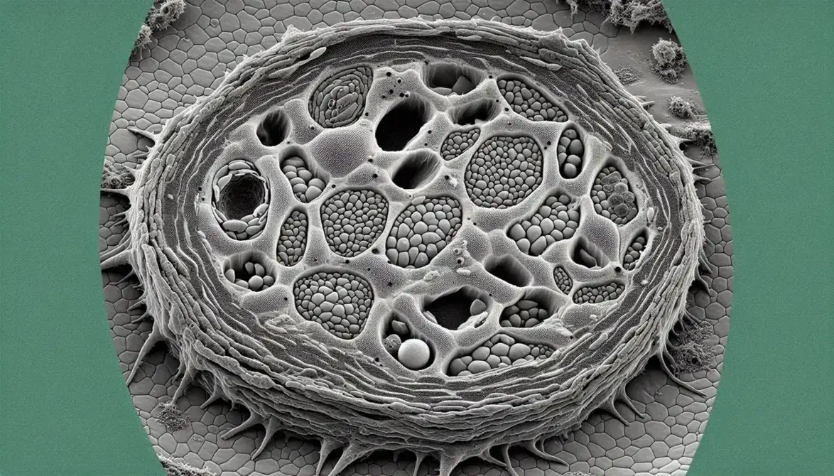 Micrografía electrónica de alta resolución de una célula vegetal mostrando vacuola central, mitocondrias, pared celular y cloroplastos verdes.