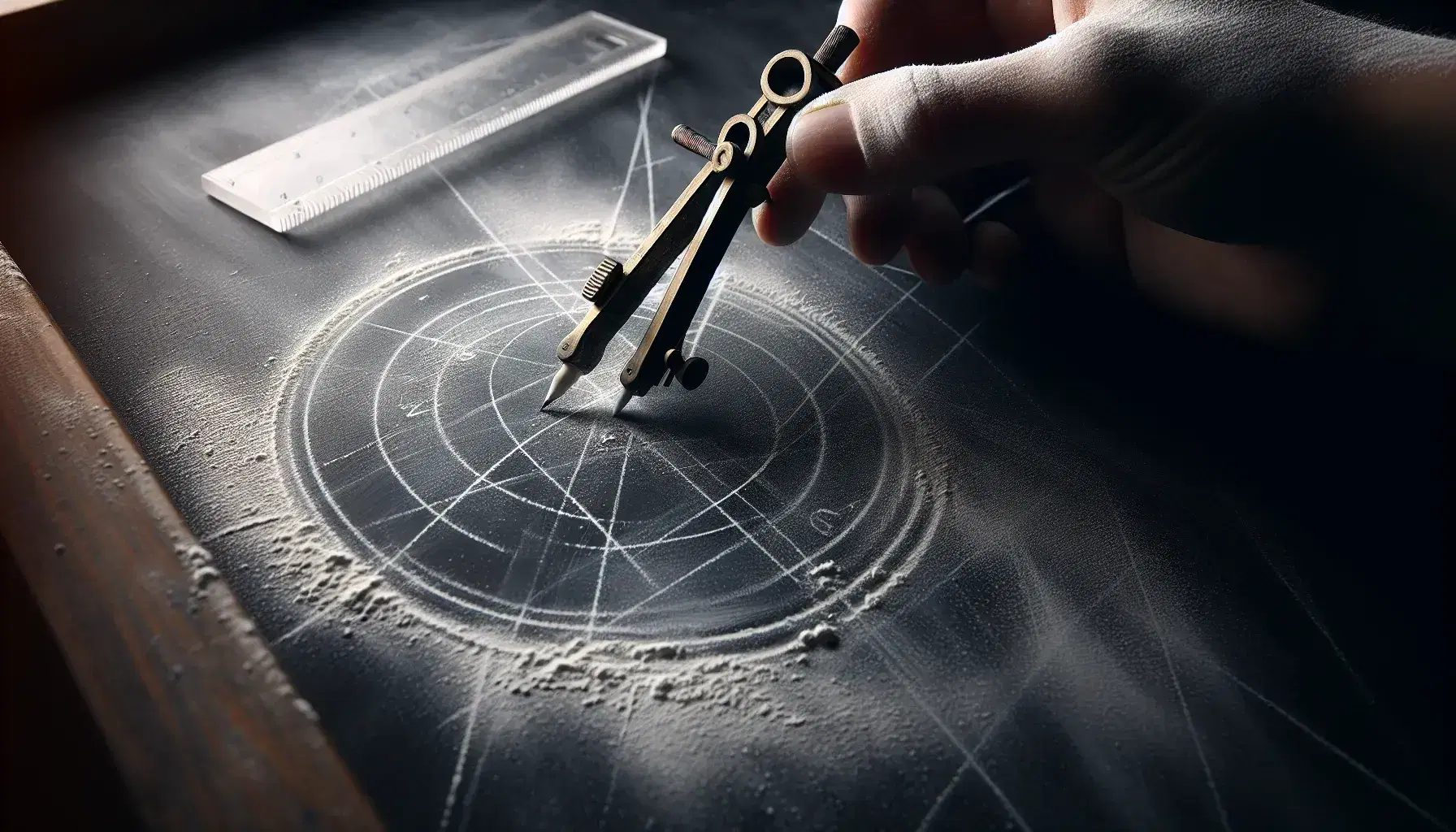 Close-up view of a blackboard with blurred chalk marks, a hand holding a compass set to draw, a ruler, and the edge of an eraser and textbook.
