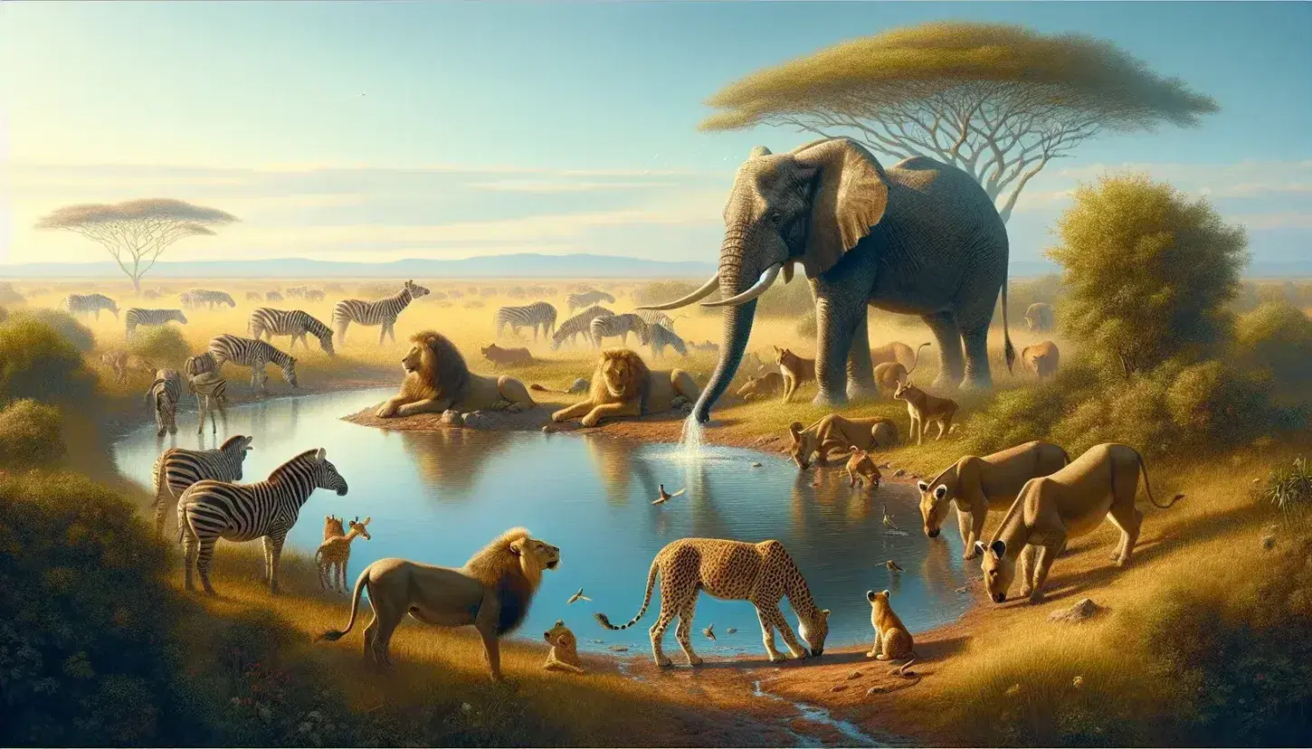 Elephant spraying water on its back, lions resting with playful cubs, zebras grazing, and a giraffe eating from an acacia tree by a watering hole.