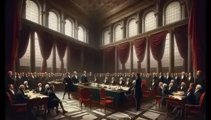 Escena histórica en salón neoclásico con hombres del siglo XIX debatiendo alrededor de una mesa ovalada, documentos y plumas de ave, bajo la luz natural que se filtra por ventanas con cortinas rojas.
