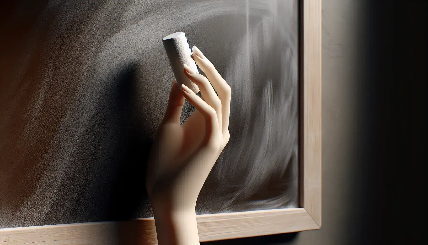 Hand in neutral beige tone holding white chalk on black blackboard, with no visible writing, blurred background with wooden furniture.
