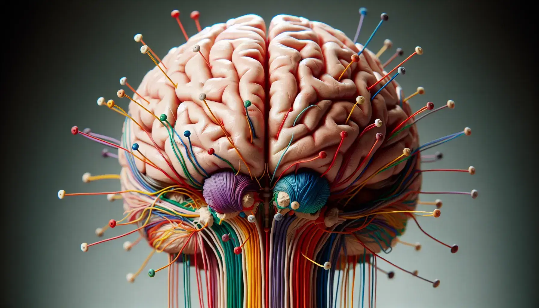 Anatomically accurate human brain model with color-coded cranial nerves extending from the brainstem, showcasing detailed gyri and sulci.