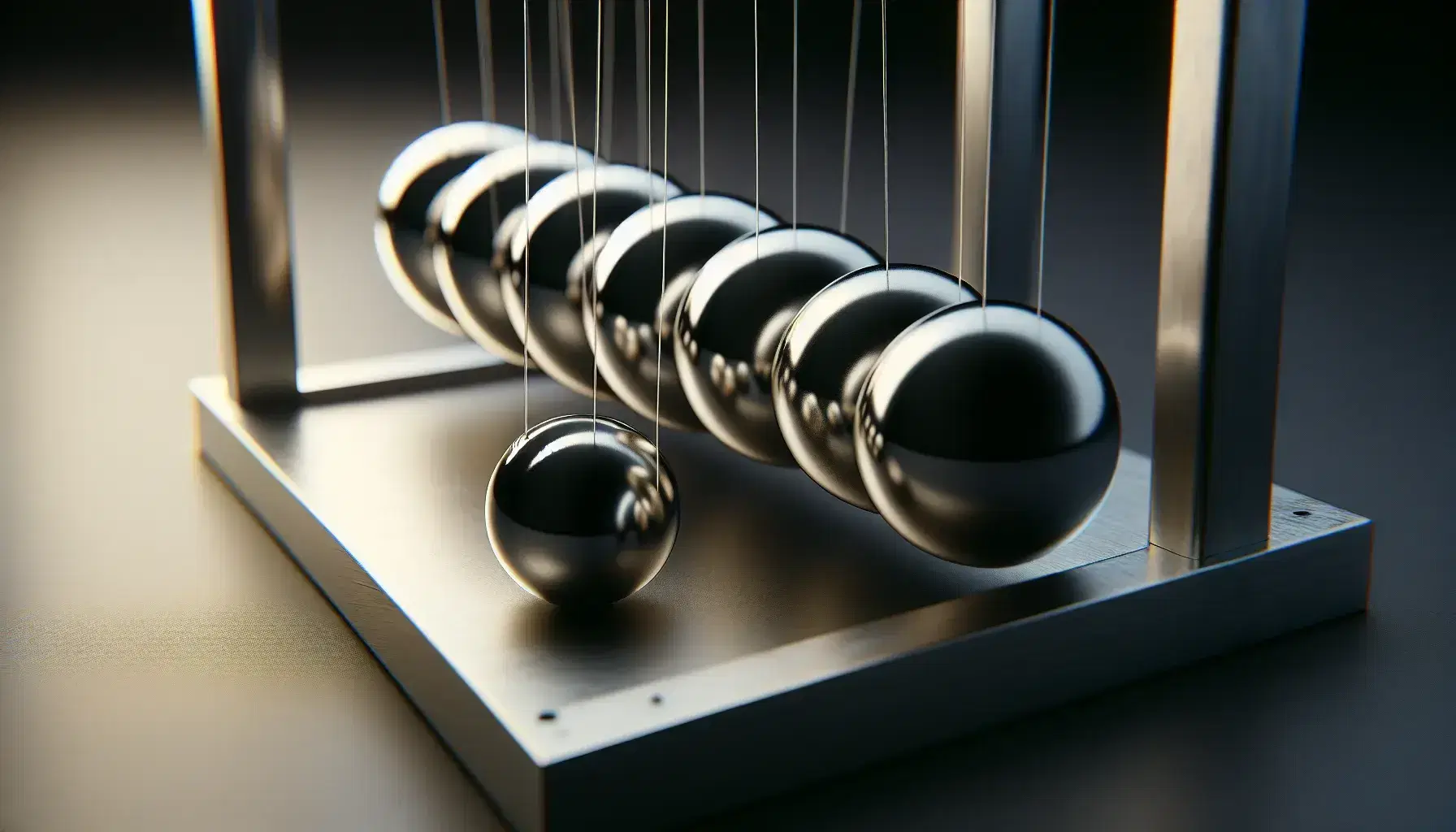 Close-up view of a Newton's cradle with one sphere pulled back, ready to demonstrate momentum conservation on impact.