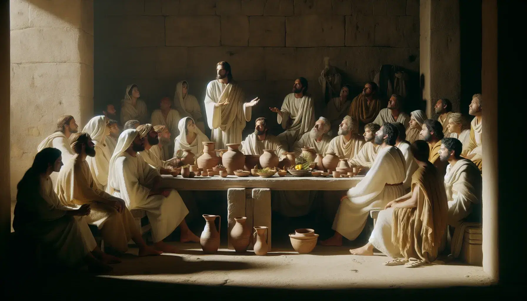 Grupo de personas en túnicas claras alrededor de una mesa baja con jarras y cuencos en un ambiente íntimo con pared de piedra y suave iluminación.