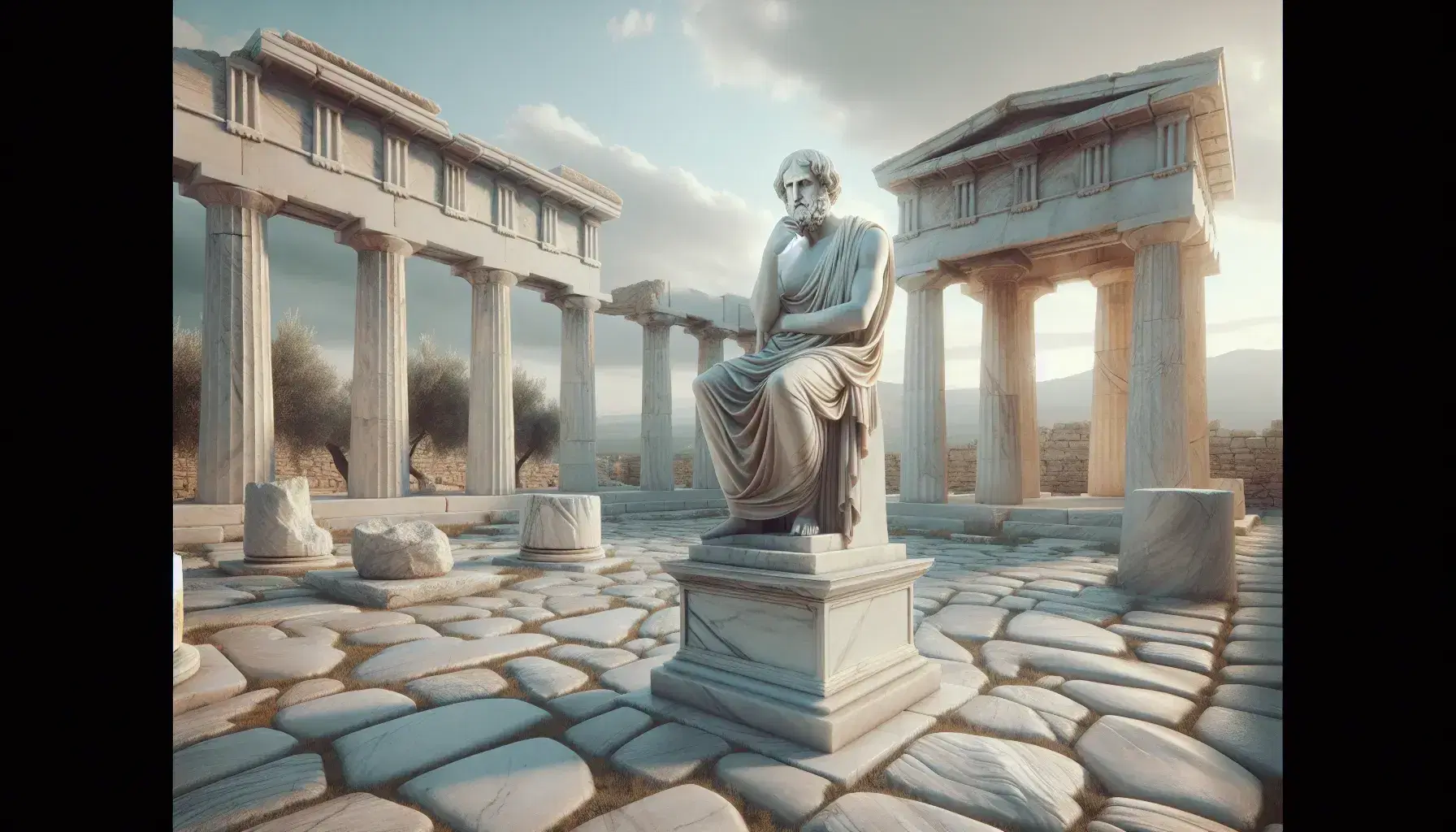 Statua marmorea di filosofo greco pensieroso in un'antica agora con colonne doriche e alberi d'ulivo sotto cielo azzurro.