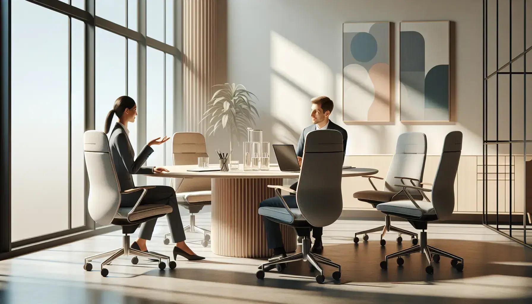 Ufficio moderno e luminoso con donna in giacca blu e uomo in grigio seduti a tavolo ovale, laptop e quaderno sul tavolo, pianta verde in angolo.