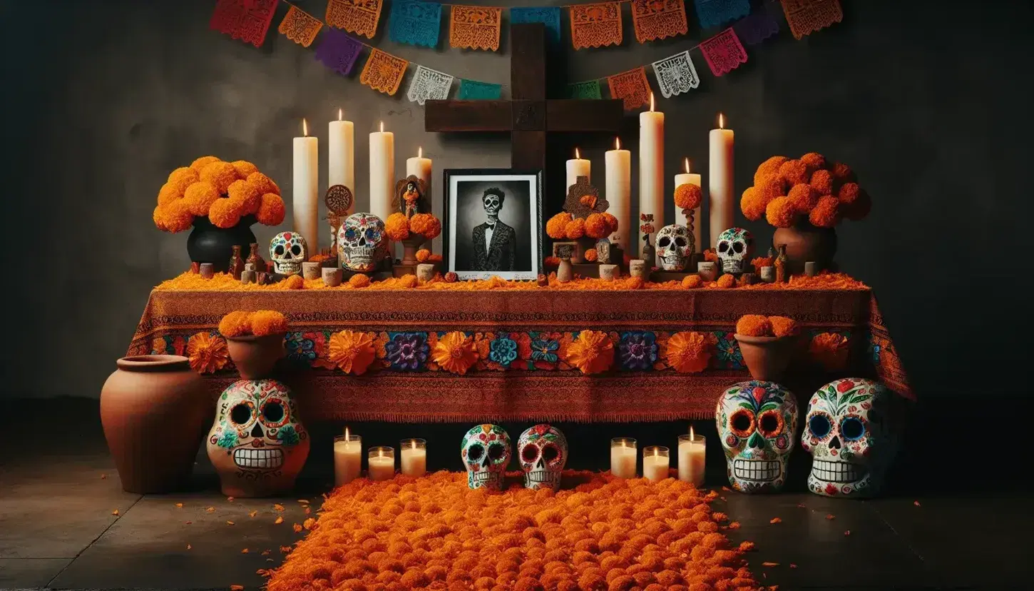 Ofrenda tradicional del Día de Muertos en México con camino de pétalos de cempasúchil, foto central, velas, calaveras de azúcar, cruz de madera, pan de muerto, jarra de barro y canasta de frutas.