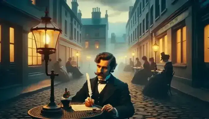 Late 19th-century European philosopher writing at a café on a cobblestone street at dusk, with a gas street lamp illuminating the scene.