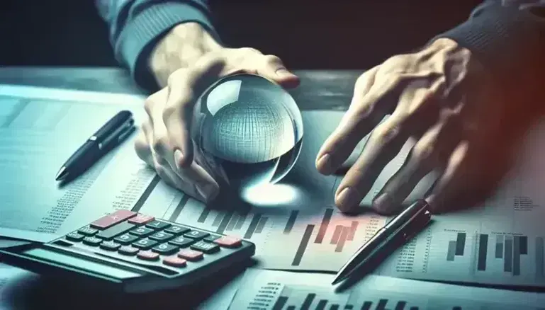 Close-up view of hands holding a crystal ball with financial tools like a calculator and chart papers in the background, reflecting a spectrum of colors.