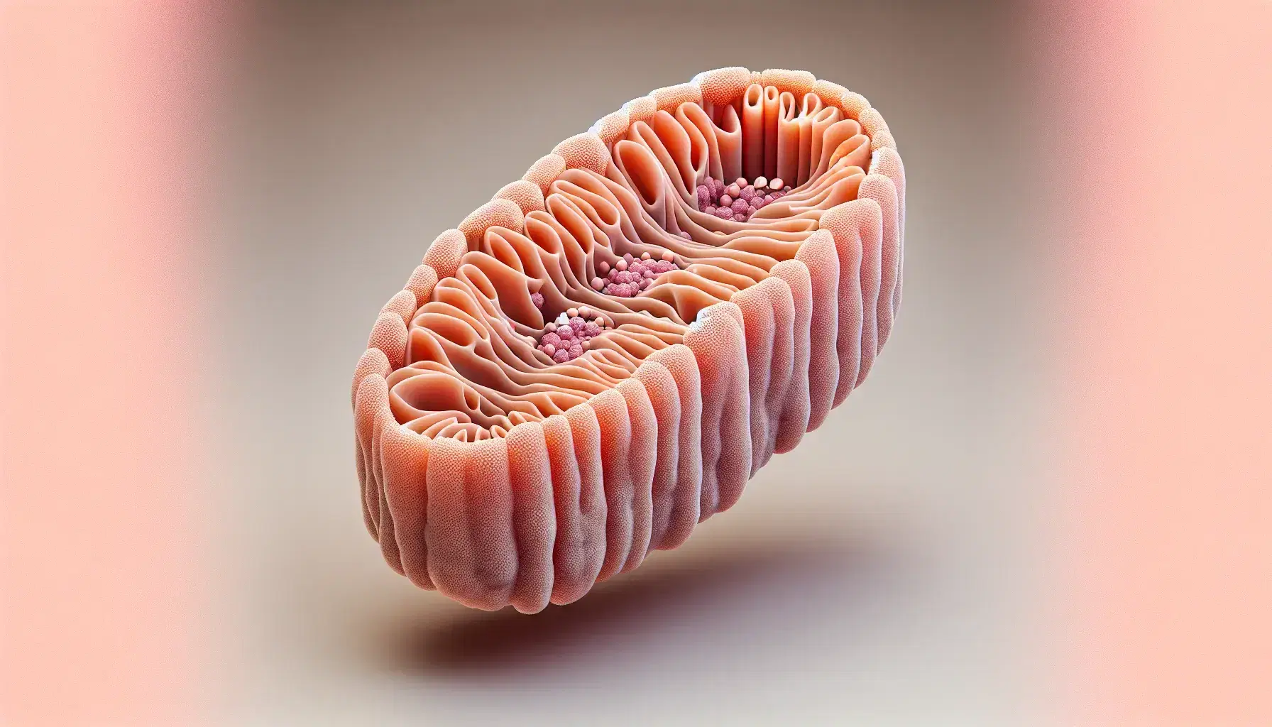 Detailed model of mitochondrion with salmon pink outer membrane, internal cristae and matrix with enzymes, on neutral background.