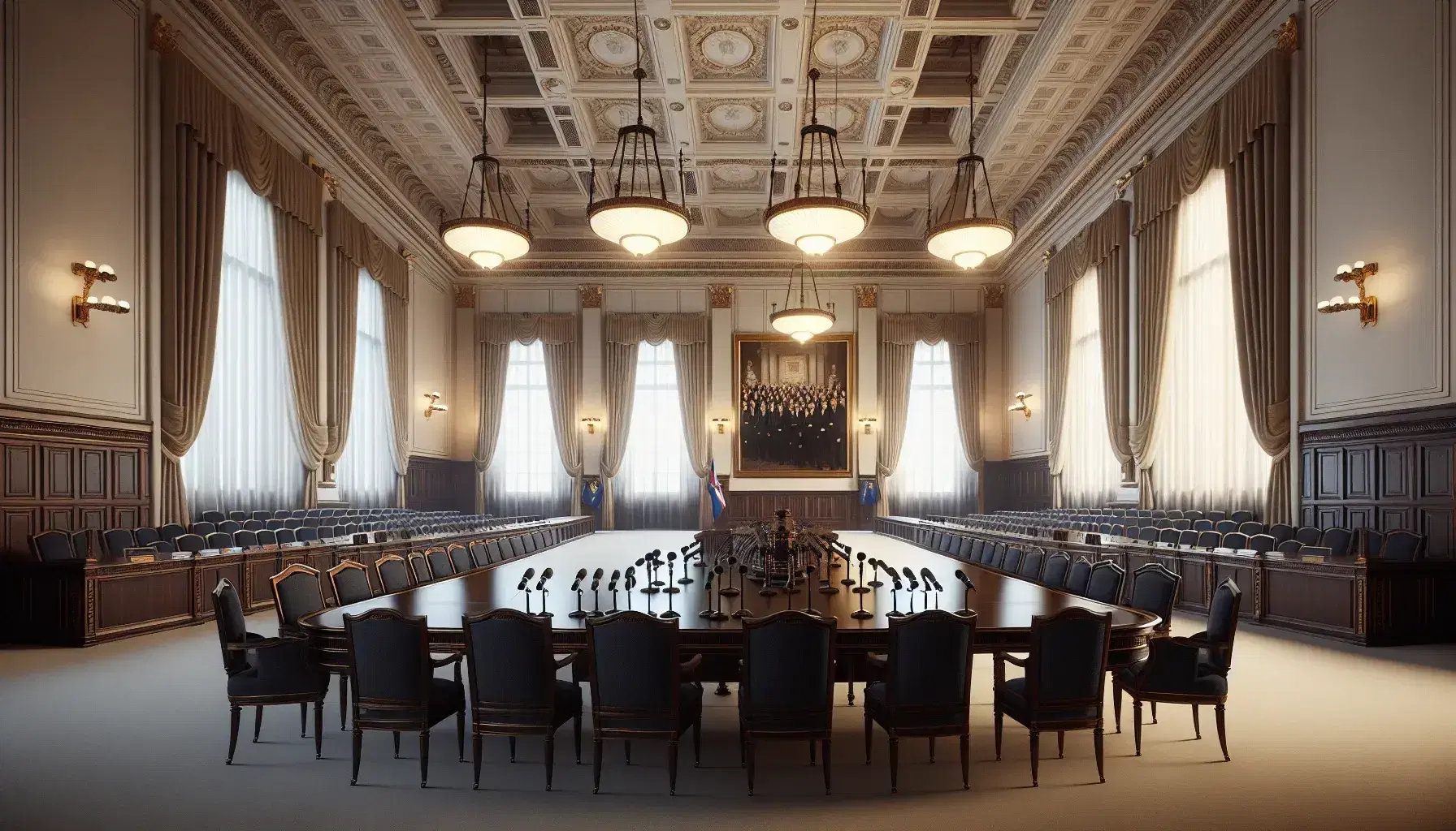 Sala amplia con mesa de madera oscura, sillas tapizadas en azul, micrófonos, ventanas arqueadas con cortinas y lámparas colgantes, sin textos visibles.