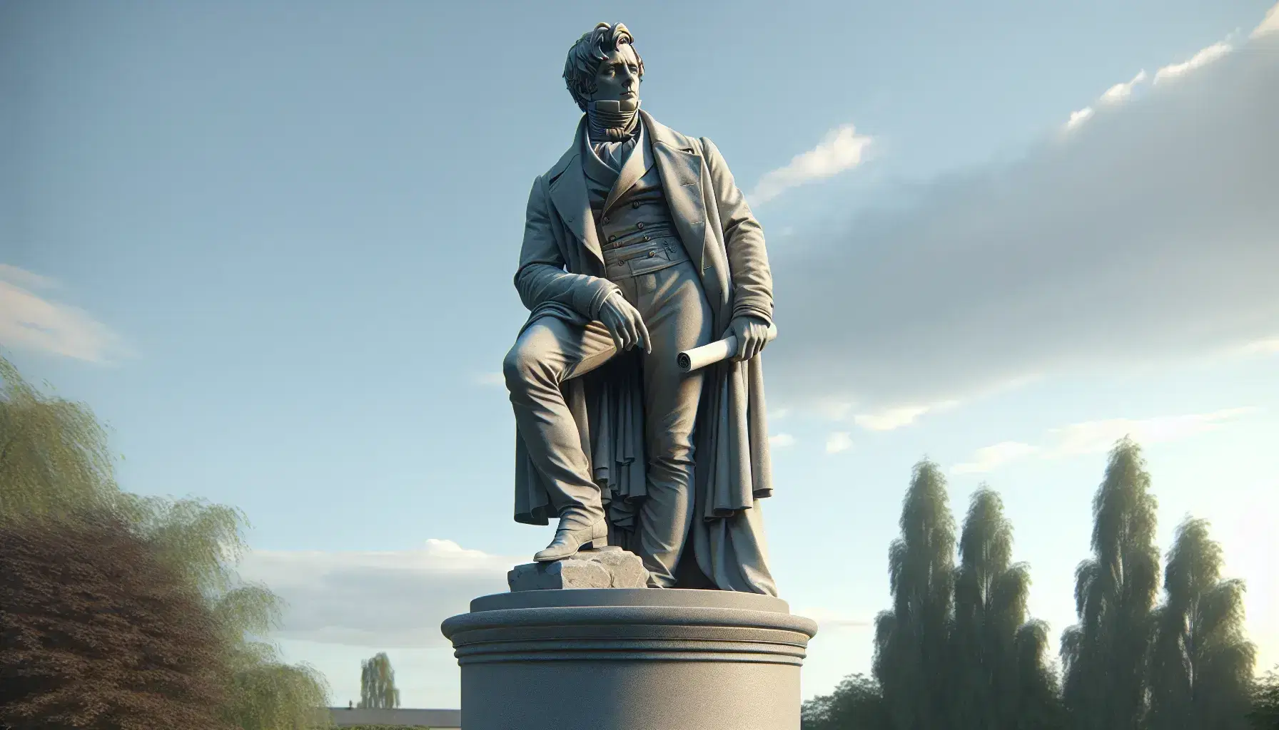 Statue of a 19th-century gentleman in contemplative pose with hand in coat and holding a document, set against a blue sky and greenery.