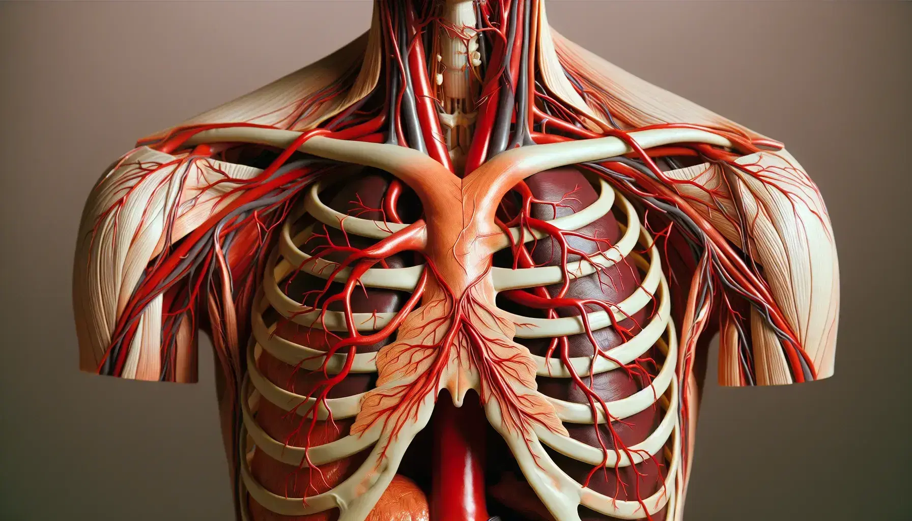 Modello anatomico dettagliato del torace umano con arterie in evidenza colorate di rosso, mostrando le arterie succlavie e i loro rami.