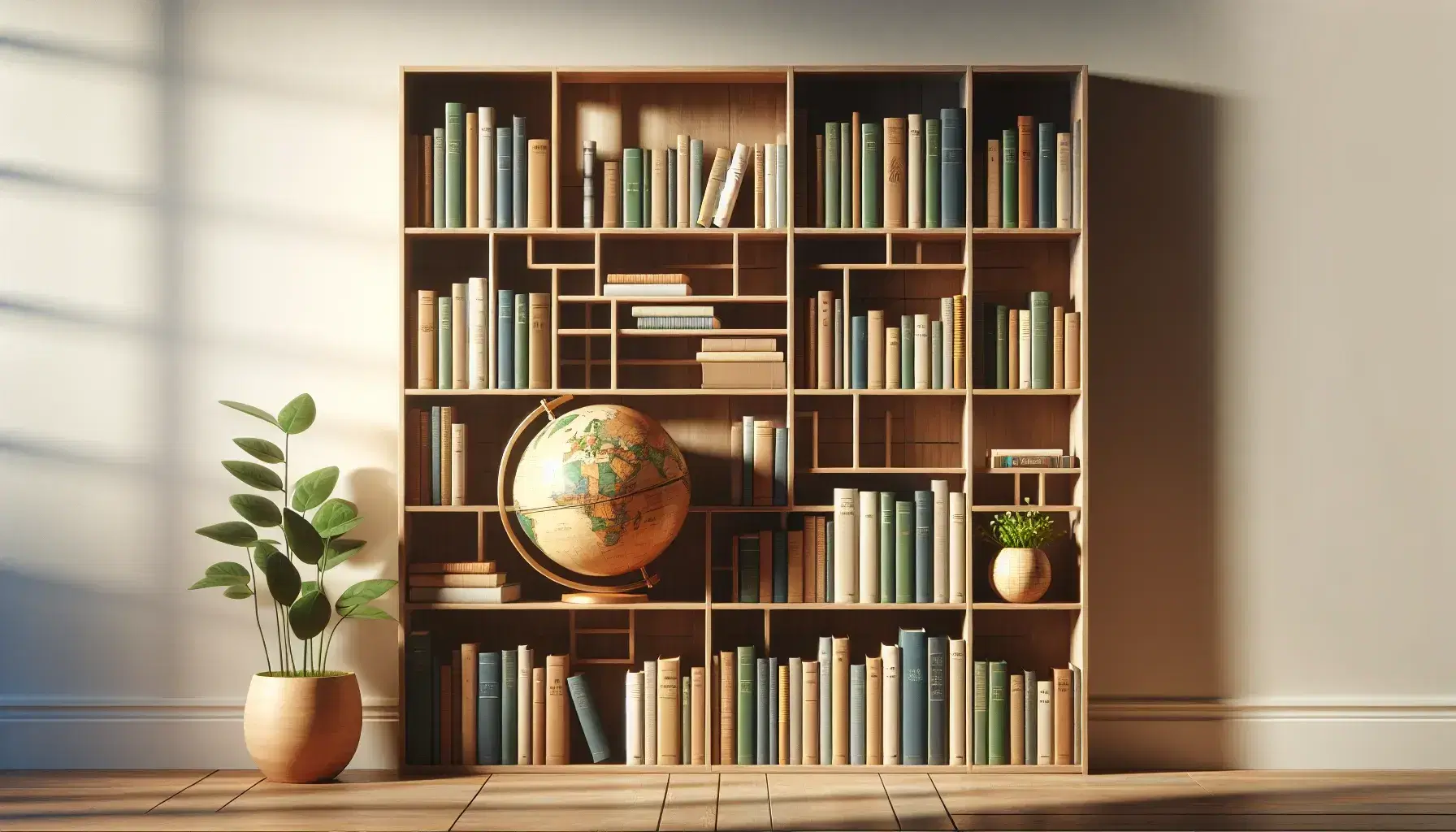 Estantería de madera con libros ordenados por color y tamaño, globo terráqueo sin texto y planta con flor amarilla, iluminación suave y fondo claro.