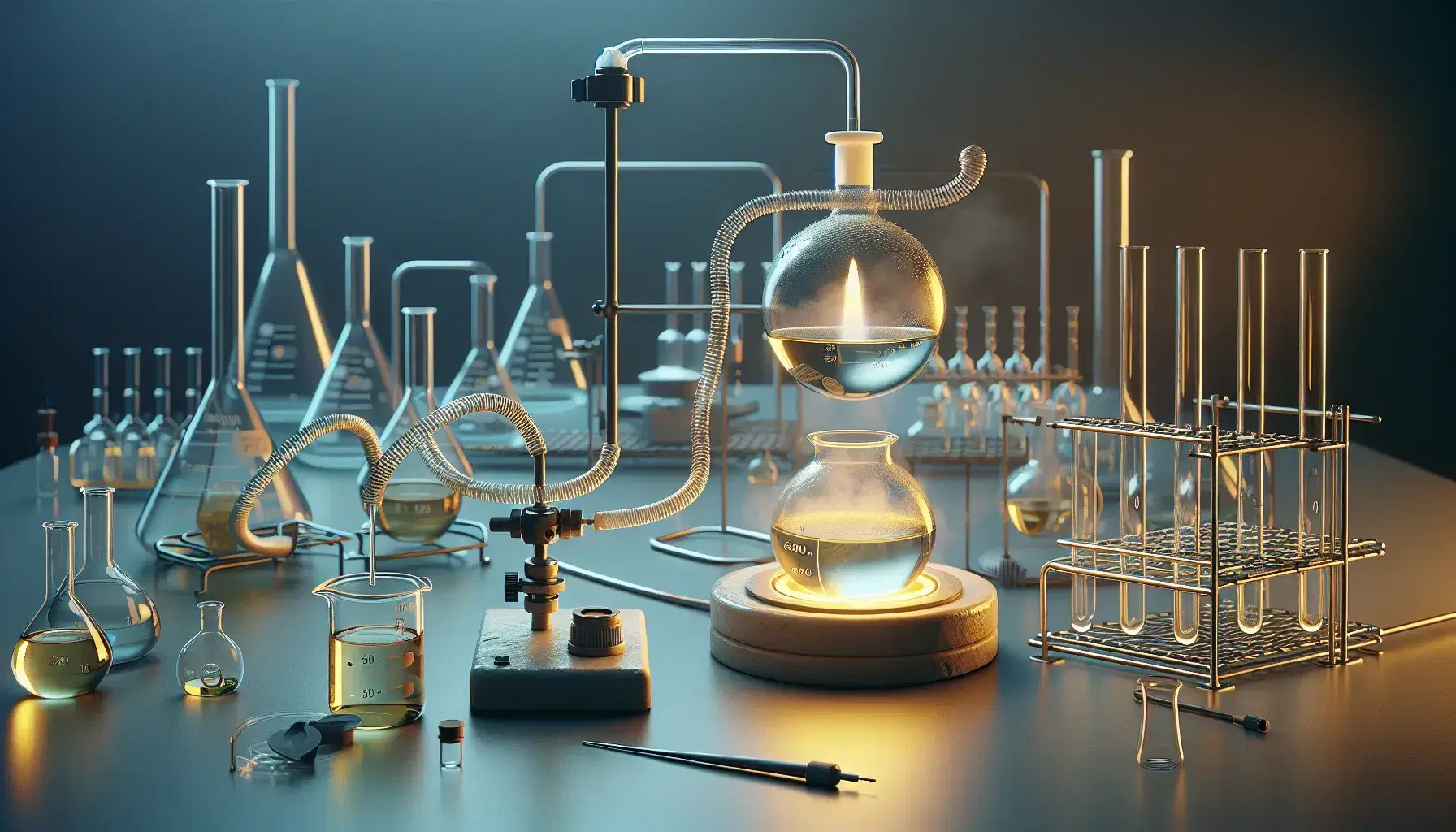 Chemical laboratory with reaction setup: flask with yellow liquid, coil condenser, Bunsen burner and assorted glassware.