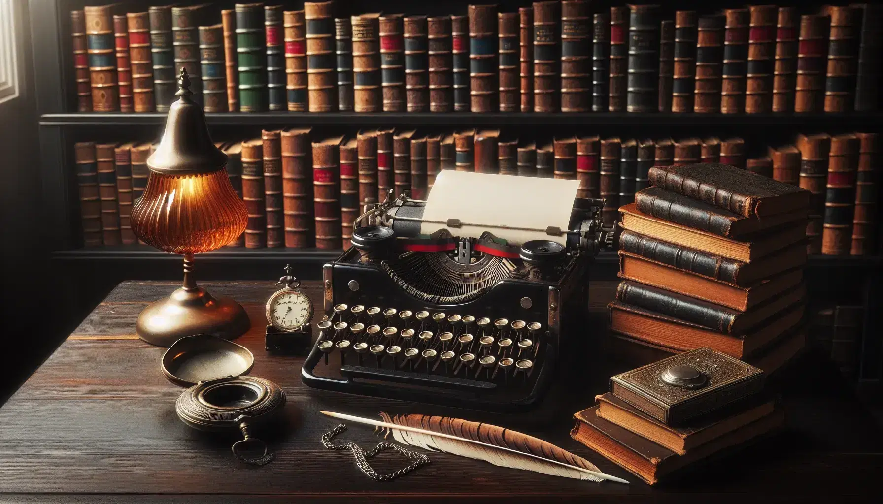 Macchina da scrivere vintage su tavolo in legno scuro con pagina bianca, accanto inchiostro e penna d'oca, orologio tascabile e libreria antica sullo sfondo.