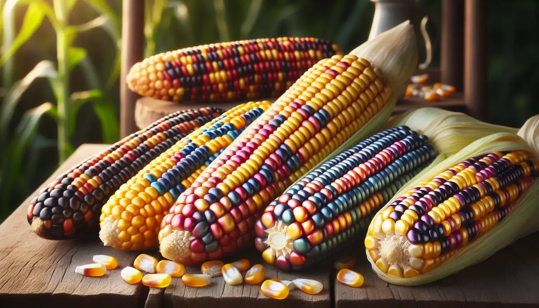 Variety of colorful maize cobs with yellow, red, blue, and purple kernels on a rustic wooden table, illuminated by warm sunlight with a soft green background.