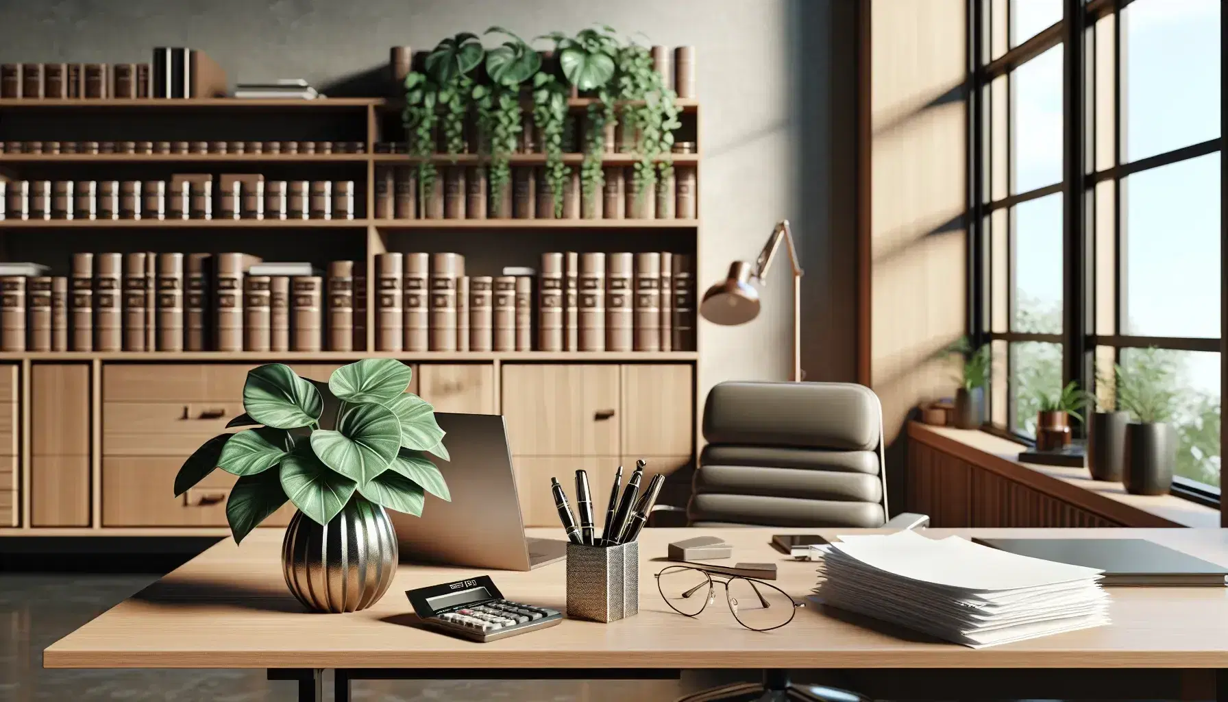 Ufficio moderno e luminoso con scrivania in legno, calcolatrice grigia, occhiali, penne, fogli e libreria con volumi rilegati, pianta verde e sedia ergonomica.