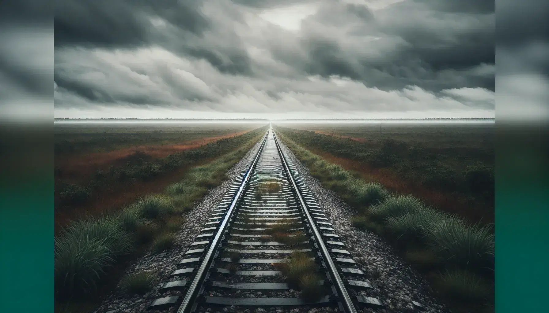 Binari del treno che si estendono verso l'orizzonte in una giornata nuvolosa, con vegetazione erbosa e cielo grigio.