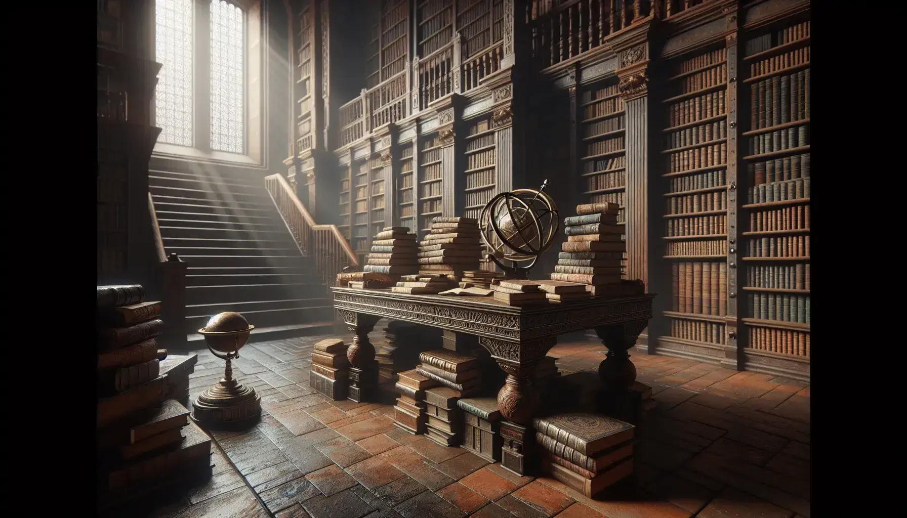 Biblioteca antigua con estanterías de madera oscura llenas de libros, mesa central con libros abiertos, esfera armilar y globo antiguo bajo la luz natural de una ventana.