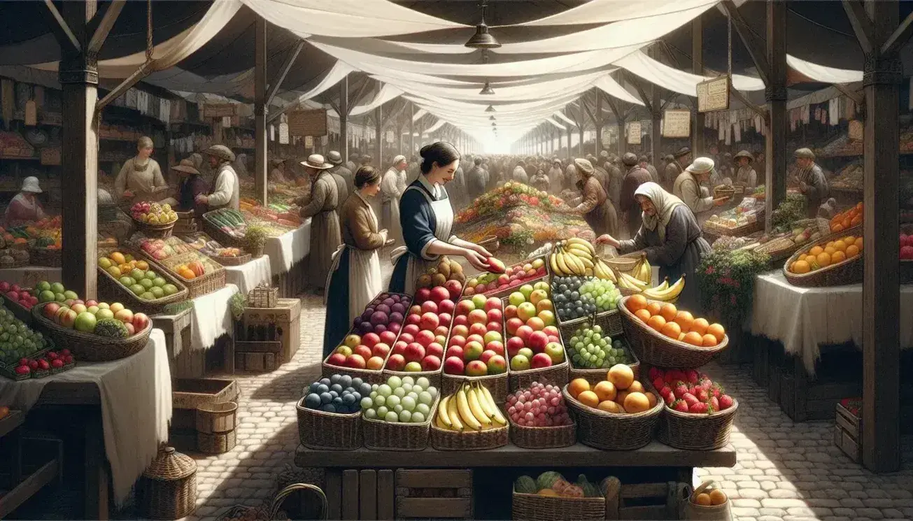 Bustling marketplace scene with colorful fruit stall in the foreground, shoppers engaging with vendors, and various goods under white canopies.