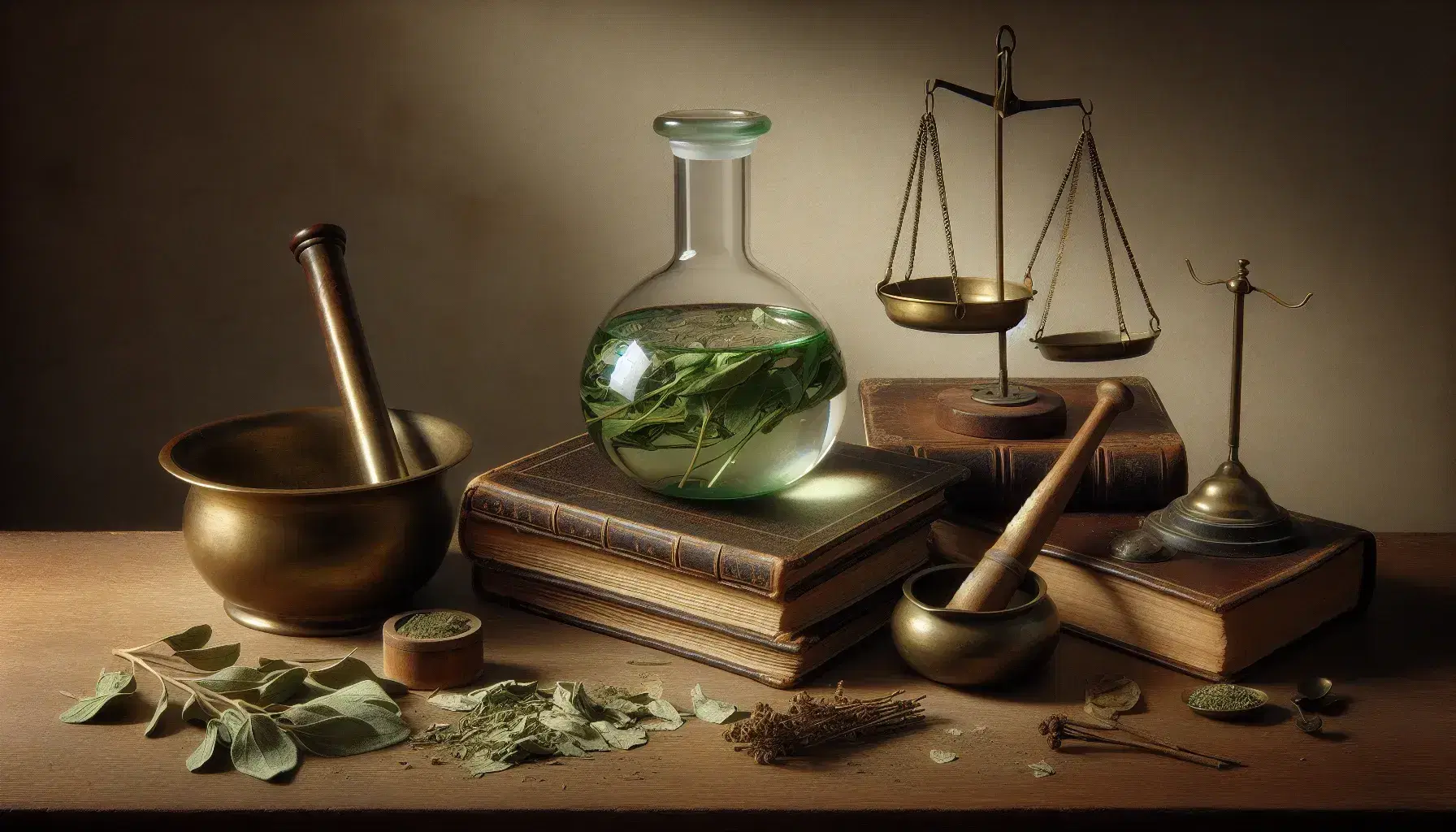Still life with glass flask of green liquid, dried herbs, bronze mortar and pestle, leather-bound book, and brass balance scale on a wooden table.