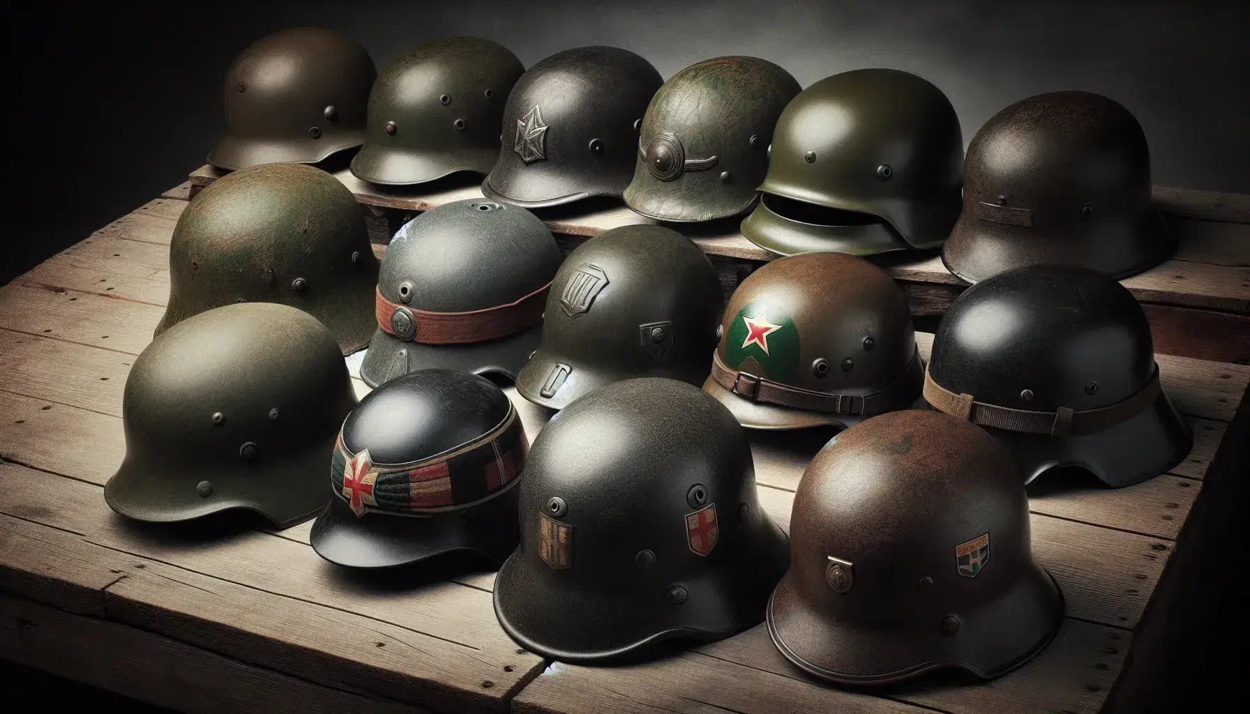 Colección de cascos militares de la Segunda Guerra Mundial representando a EE. UU., Alemania, URSS, Reino Unido y Japón en fila sobre superficie de madera desgastada.