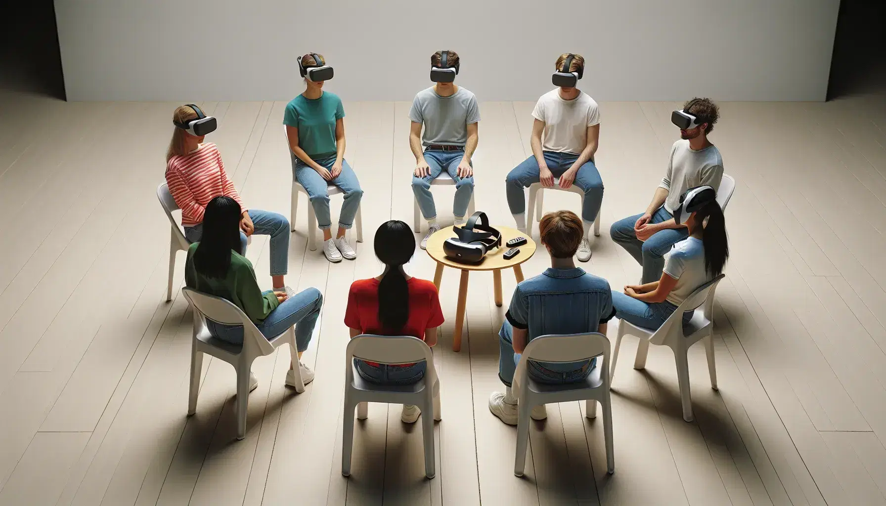 Gruppo di cinque persone sedute in cerchio su sedie di plastica bianche attorno a un tavolo con casco di realtà virtuale e telecomando.