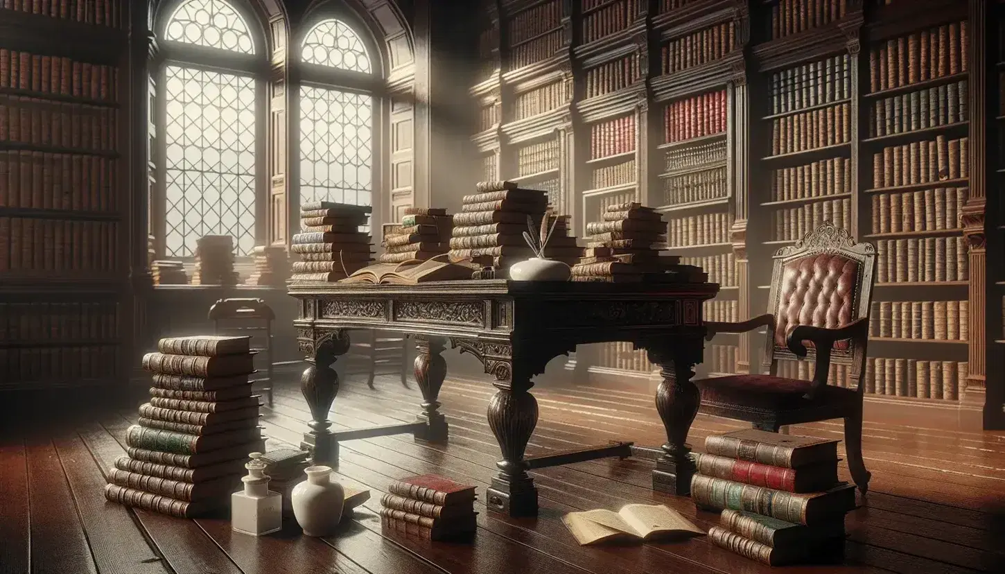 Biblioteca antigua con mesa de madera oscura y libros apilados, tintero de porcelana, gafas y estantería repleta en ambiente cálido y atemporal.