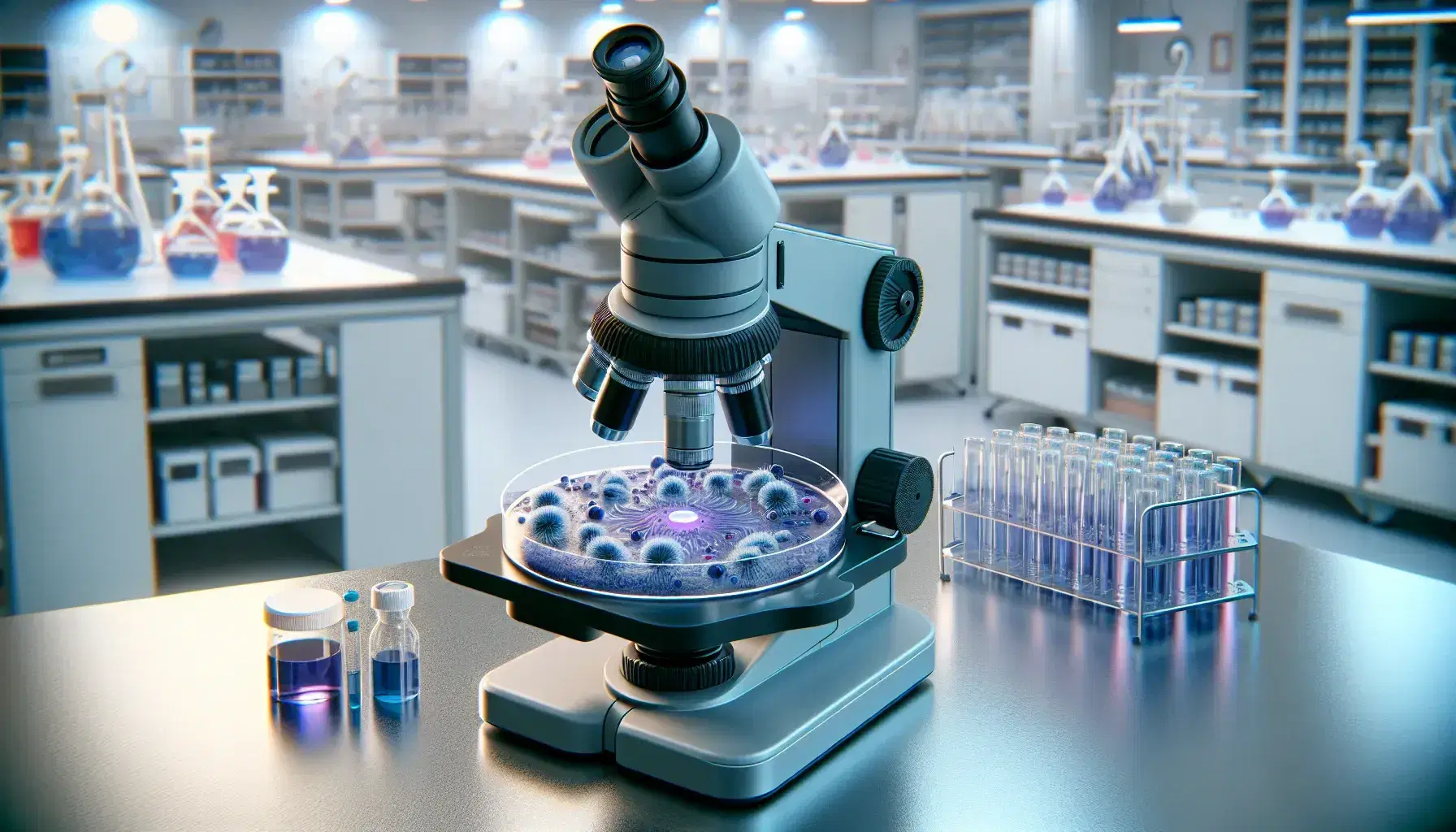 Microscopio electrónico de alta resolución con muestra de bacterias teñidas por Gram en placa de Petri, en laboratorio con bancos de trabajo y frascos de reactivos.