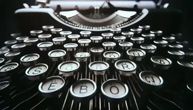 Teclas redondas y blancas de una máquina de escribir antigua con bordes cromados y acabado metálico negro, papel blanco en el carro, sin letras visibles.
