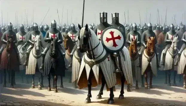 Knights in armor during the Crusades with shields and spears on background of barren landscape and fortress in the distance.