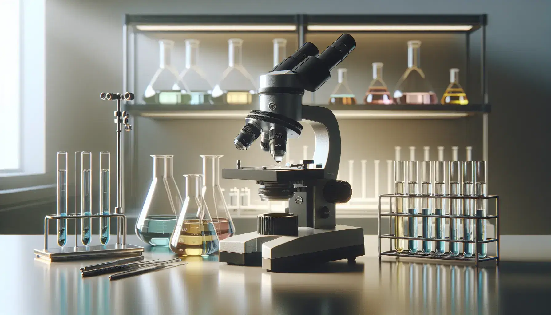 Microscopio compuesto en primer plano con portaobjetos en laboratorio, junto a tubos de ensayo con líquidos de colores en estante metálico y material de laboratorio al fondo.