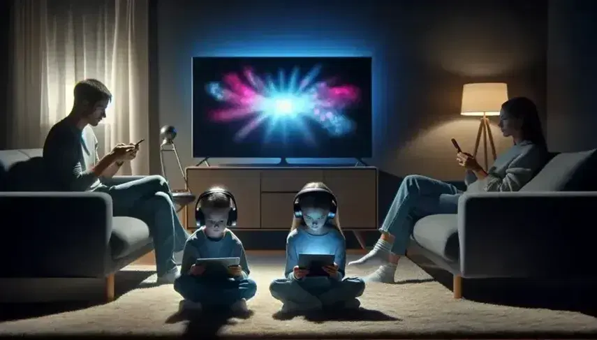 Modern family in living room with digital devices: child with tablet, teenager with laptop and headphones, parent with smartphone, smart TV on the wall.