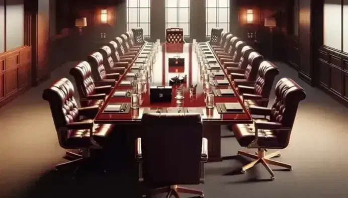 Elegant boardroom with a polished mahogany table, burgundy leather chairs, crystal water glasses, and sheer-curtained windows casting soft light.