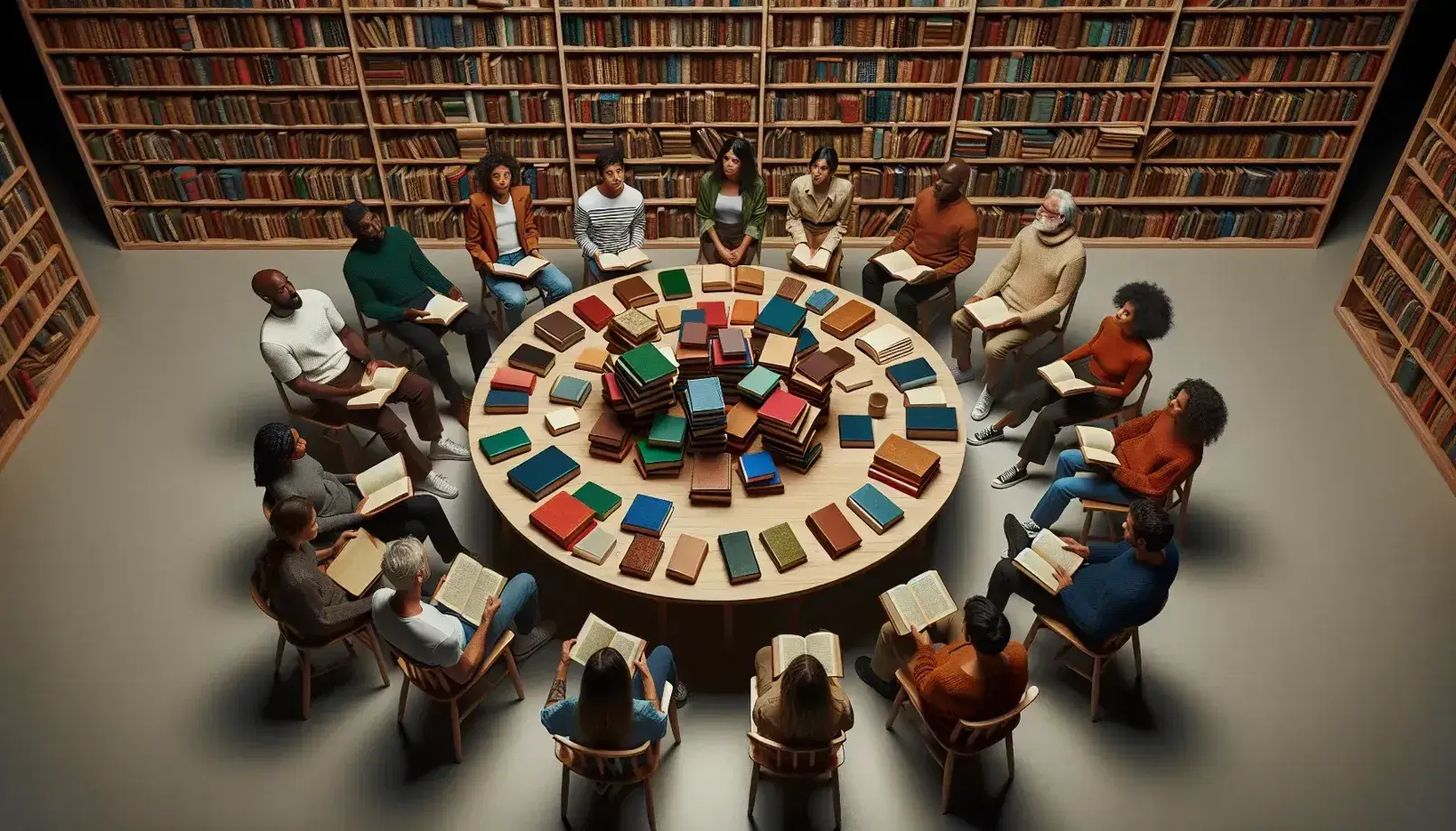 Grupo diverso de personas en círculo en una biblioteca con libros sobre mesa redonda, rodeados de estanterías llenas y luz suave.