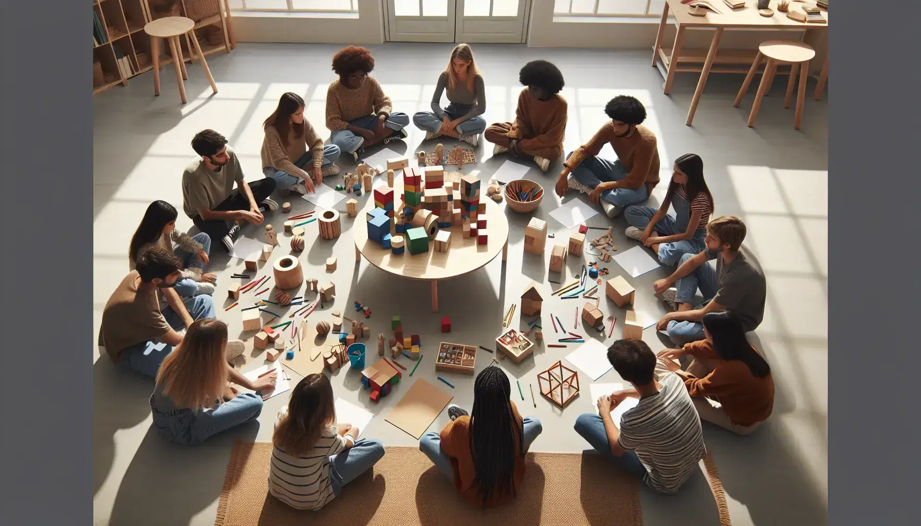Grupo diverso de estudiantes colaborando en actividades educativas con bloques de construcción y materiales de arte en un aula iluminada naturalmente.