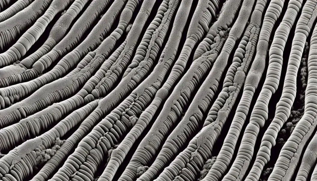 Fibre muscolari scheletriche al microscopio elettronico con bande trasversali chiare e scure, sarcomeri, filamenti di mioisina e actina, e linee Z.