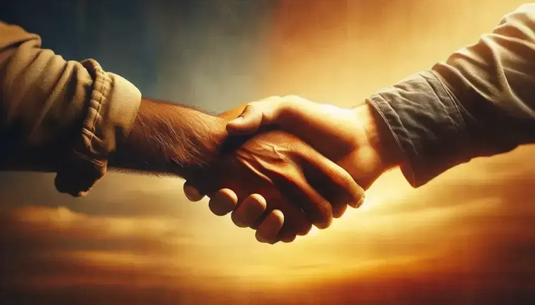Stretta di mano tra due persone di diverse etnie su sfondo sfocato caldo che evoca un tramonto.