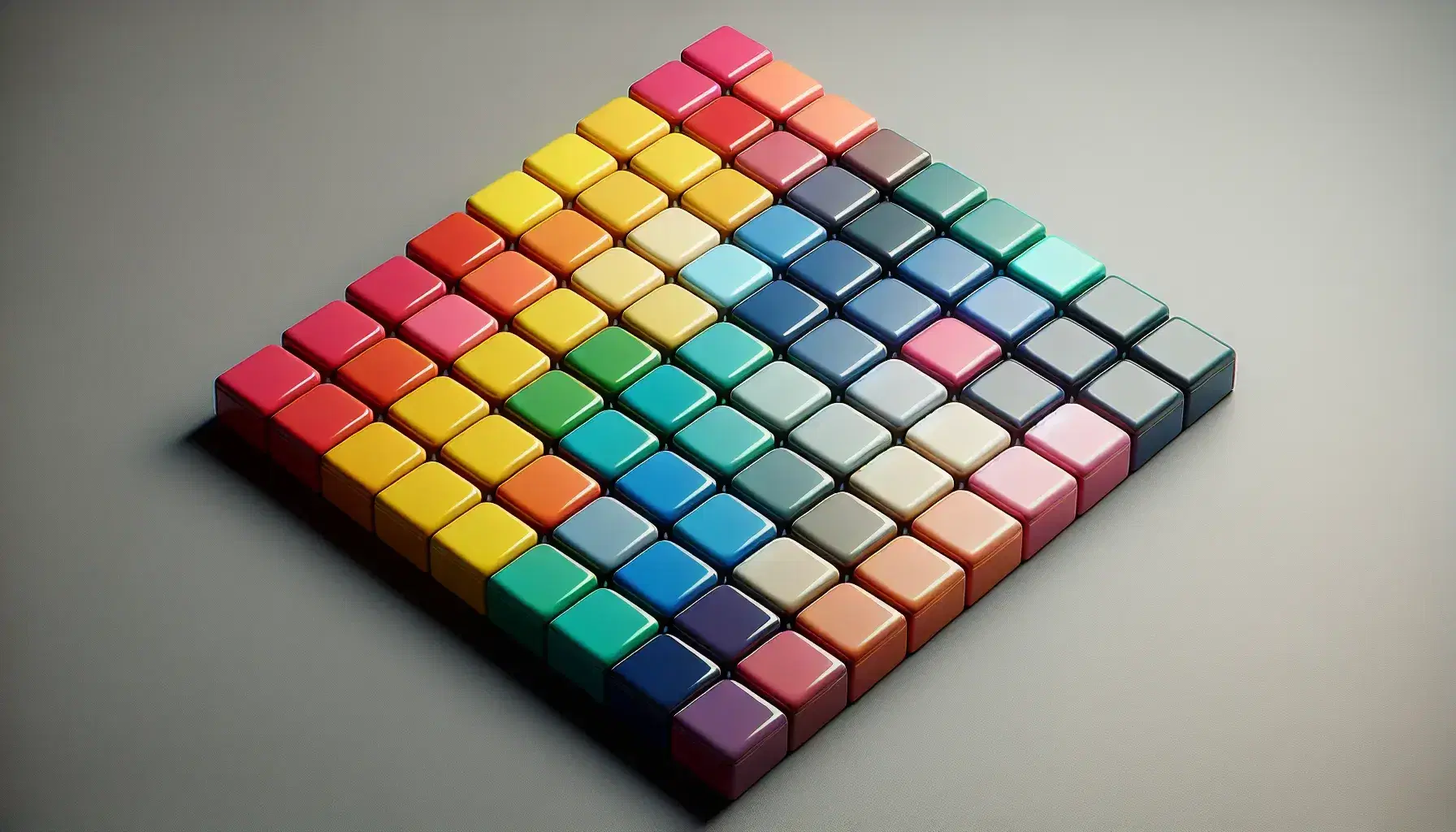 Colorful square tiles in 6x6 grid on matte surface, with shades of red, blue, green, yellow, orange and purple, without symbols.