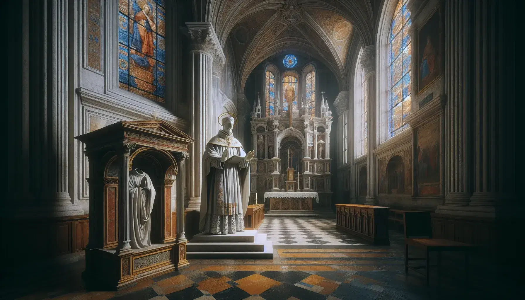 Renaissance church interior with marble statue of religious figure in robes, blessing gesture, stained glass windows, and altar with wooden cross.
