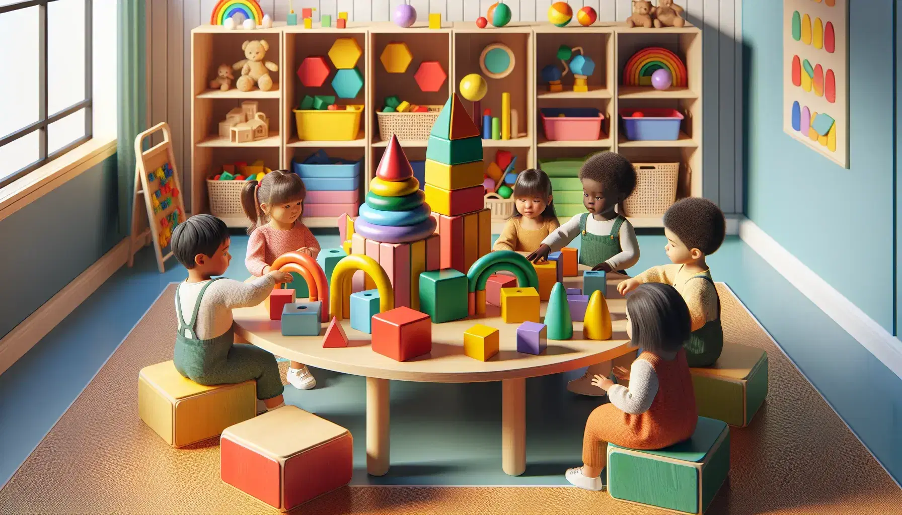 Diverse children play with colorful blocks in bright classroom, with educational toys on the shelf and natural light streaming through the window.