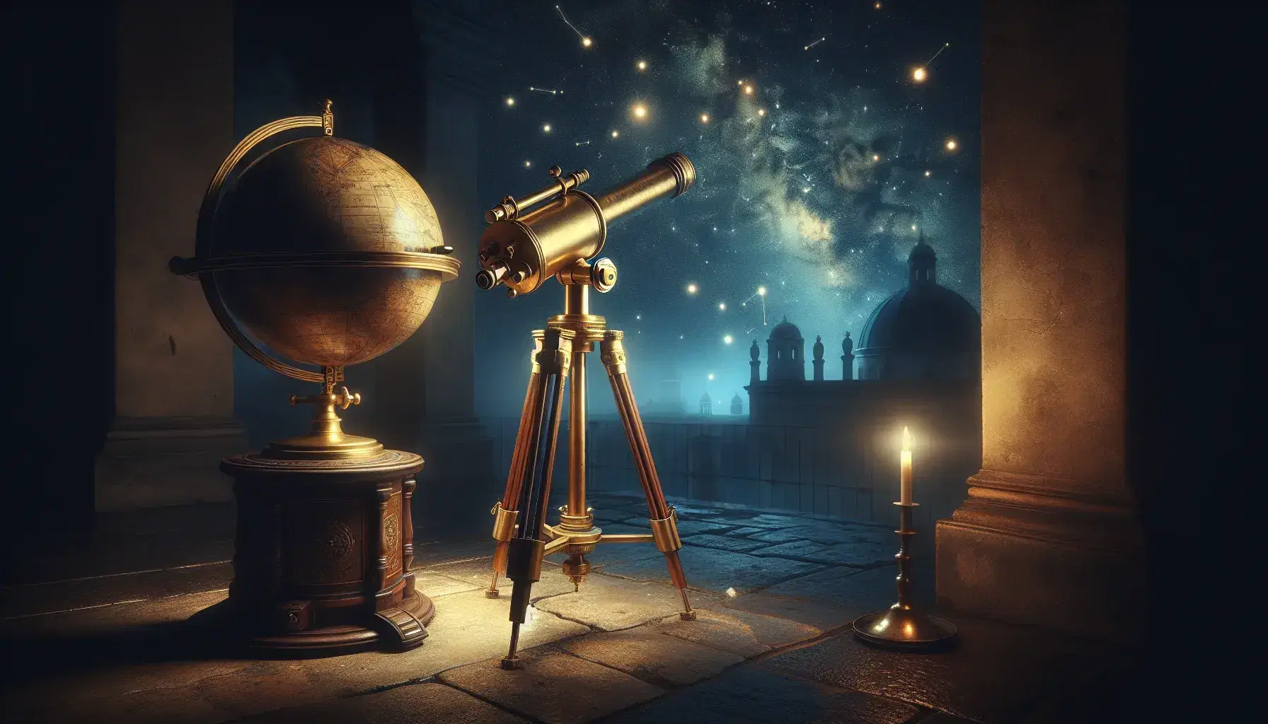 Telescopio antiguo de latón con patas de madera ajustables apuntando al cielo estrellado nocturno, junto a un globo terráqueo antiguo iluminado por una vela.