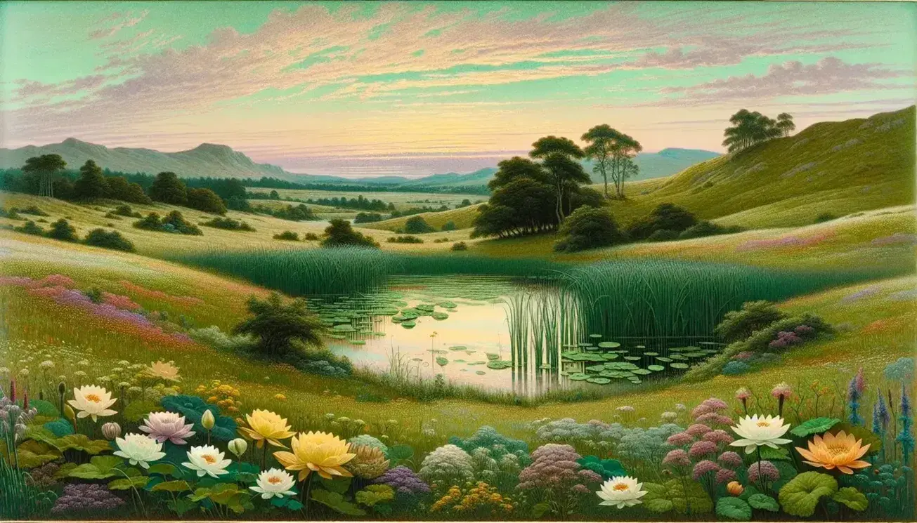 Serene meadow with wildflowers, a calm pond with water lilies, rolling green hills, and a colorful dawn sky, evoking early 20th-century poetry.