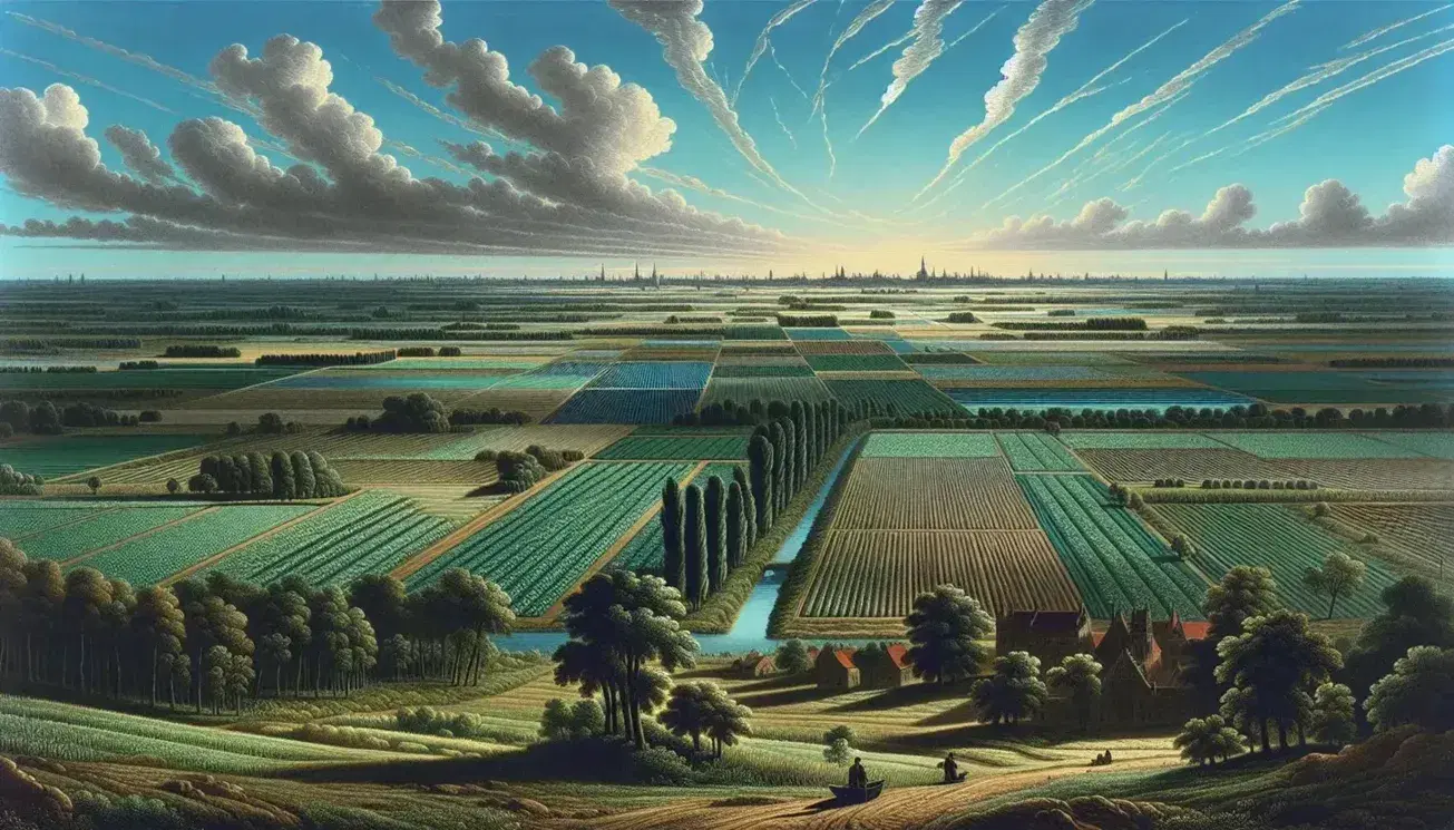 Paesaggio agricolo con campi verdi, fiume serpeggiante, alberature lungo le rive e silhouette di città all'orizzonte sotto cielo azzurro.