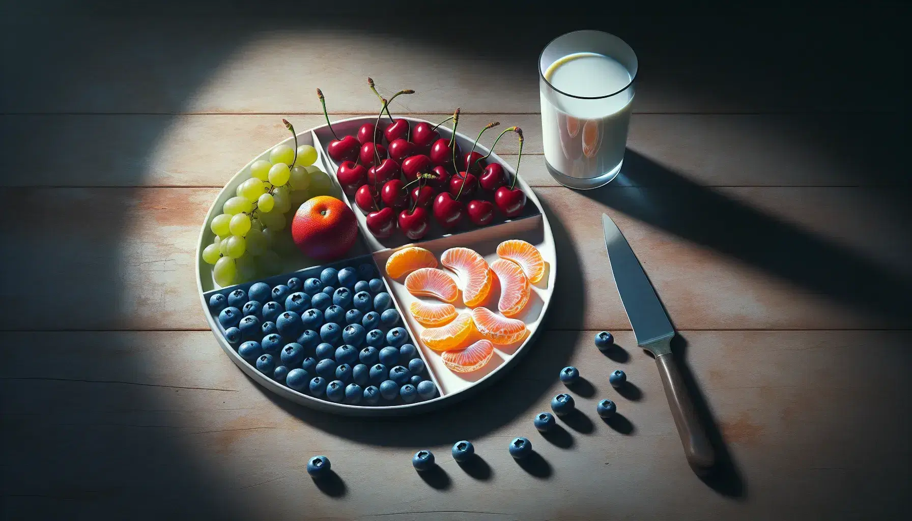 Round white plate with assorted fruits—cherries, blueberries, grapes, mandarin slices—beside a glass of milk and a stainless steel knife on a wooden table.